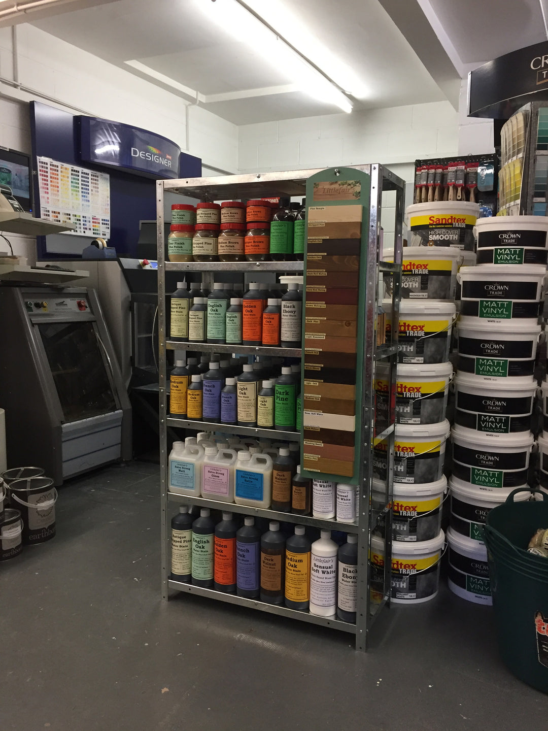 Littlefair's Wood Finishing Products display stand at Aire Valley Decorating Centre in Keighley.